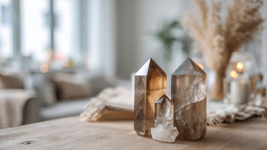 Rauchquarzspitzen auf einem Holztisch dekoriert.