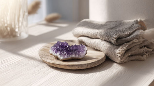 Herz aus Amethyst auf einem Holzteller im Sonnenlicht.