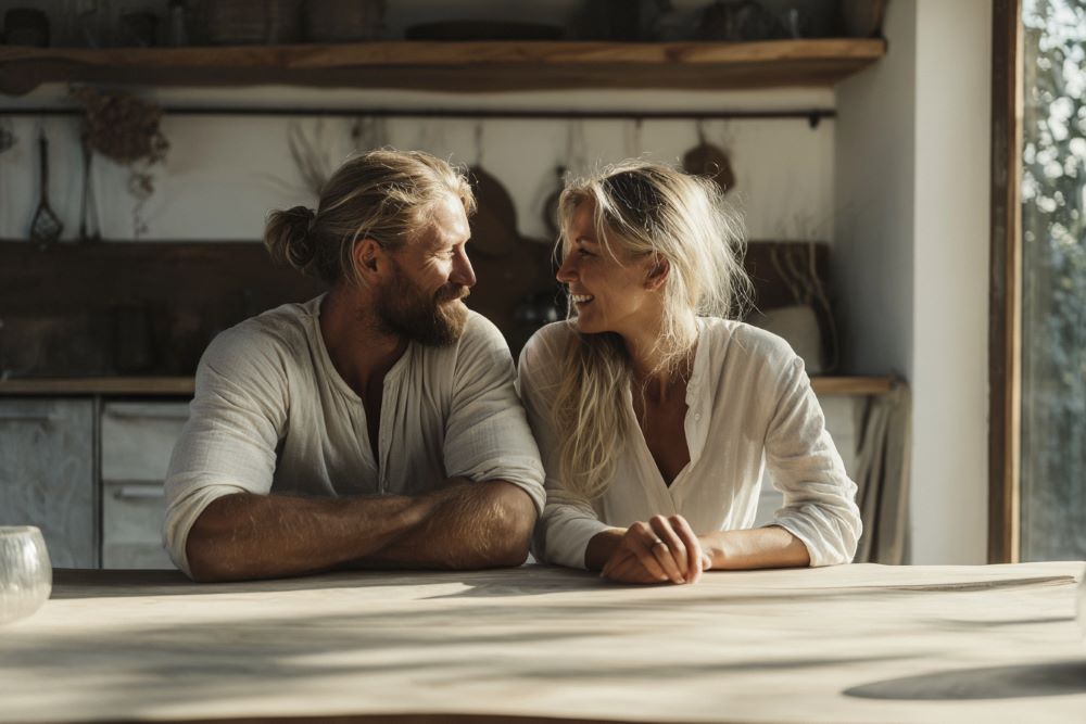 Das Gründerpaar des Labels Lieblingskristalle sitzt an einem Holztisch.